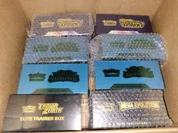 Lot of 8 Sealed Pokemon ETB Boxes Surging Sp, Twilight Masq, Mega Evo, Crown Zen - Image 1