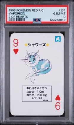 PSA 10 GEM MINT 1996 Pokemon Red Playing Card Vaporeon 9 of Hearts - Image 1