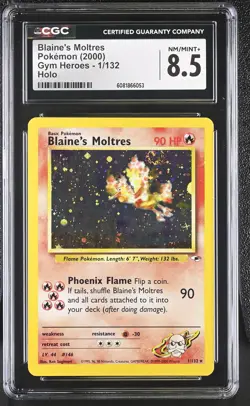 CGC 8.5 Blaine's Moltres 2000 Gym Heroes 1/132 Holo SWIRL Pokemon Card - Image 1