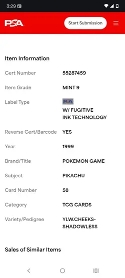 Pikachu Yellow Cheek Shadowless PSA 9 Pokemon 1999 Base Set - Image 3