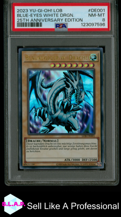 BLUE-EYES WHITE DRGN. YU-GI-OH! GER LOB 25TH ANNI ED 2023 DE001 PSA 8 - Image 1