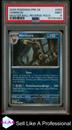 UMBREON MASTER BALL REVERSE HOLO POKEMON GER PRISMATIC EVOLUTIONS 2025 059 PSA 9 - Image 1