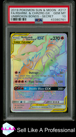 RESHIRAM & CHARIZARD GX UNBROKEN BONDS-SCRT-FA POKEMON SM 2019 217 PSA 10 - Image 1