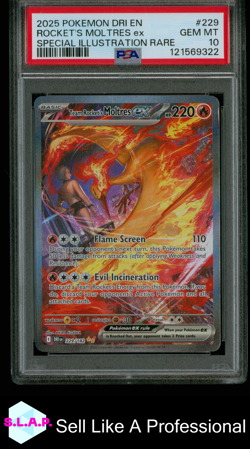 ROCKETS MOLTRES EX POKEMON SPECI4L ILLUSTRATION RARE 229 2025 DRI - EN PSA 10 - Image 1