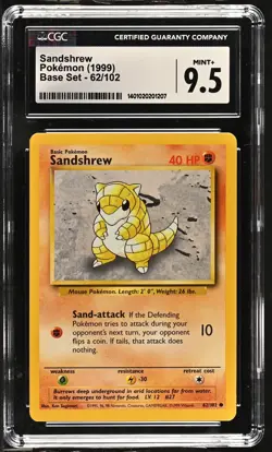 Sandshrew 62/102 Base Set 1999 Pokemon Card Game Graded CGC 9.5 Mint + - Image 3