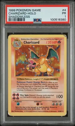 1999 POKEMON BASE SET SHADOWLESS #4 CHARIZARD-HOLO PSA 1 - Image 1