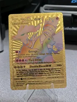 Pokemon Reshiram Charizard GX Tag Team Gold Foil Fan Art Collector Card Rainbow - Image 1