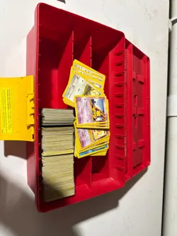Red Pokemon "Just Stuff" Card collector storage box with a bunch of cards - Image 1