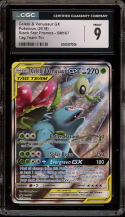 Pokemon Celebi & Venusaur GX Tag Team Tin Full Art Promo SM167 CGC 9 Mint - Image 1