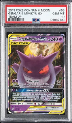 2019 POKEMON SUN & MOON TEAM UP #53 GENGAR & MIMIKYU GX PSA 10 - Image 1