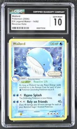 CGC 10 Wailord 2006 EX Legend Maker 14/92 Reverse Holo Stamped Pokemon Card - Image 1