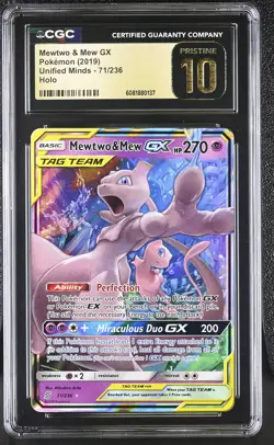 CGC 10 PRISTINE Mewtwo & Mew GX 2019 Unified Minds 71/236 Holo Pokemon Card - Image 1