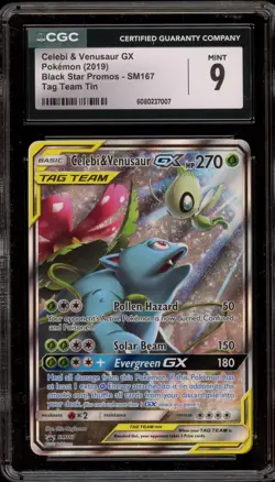 Pokemon Celebi & Venusaur GX Tag Team Tin Full Art Promo SM167 CGC 9 Mint - Image 1