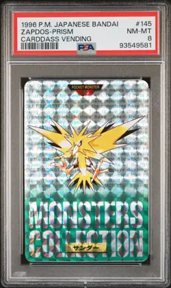 1996 Pokemon Japanese Bandai Carddass Vending 145 Zapdos-Prism PSA 8 NM-MT Green - Image 1