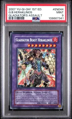 PSA 9 Gladiator Beast Heraklinos GLAS-EN044 Secret Rare 1st Edition Yugioh Card - Image 1