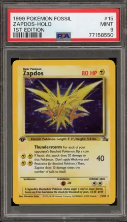 Pokemon Zapdos Fossil 1st Edition Holo Rare #15 PSA 9 Mint - Image 1