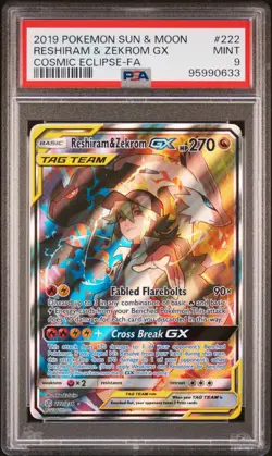 Reshiram & Zekrom GX Full Art Holo Card 222/236 Sm-Cosmic Eclipse PSA 9 - Image 1