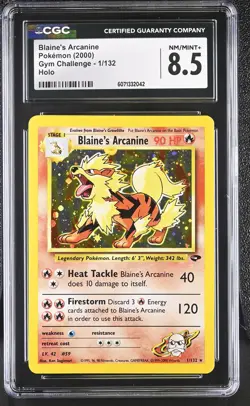CGC 8.5 Blaine's Arcanine 2000 Gym Challenge 1/132 Holo Pokemon Card - Image 1