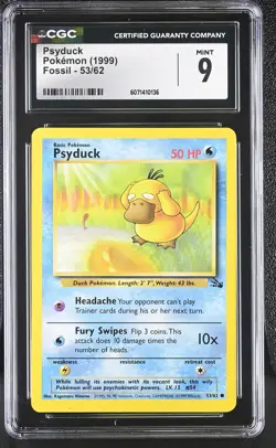 CGC 9 MINT Psyduck 1999 Fossil 53/62 Pokemon Card - Image 1