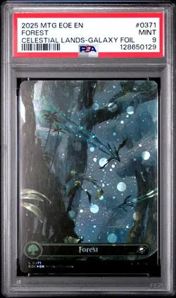 2025 MTG EDGE OF ETERNITIES CELESTIAL LANDS-GALAXY FOIL #0371 FOREST PSA 9 - Image 1