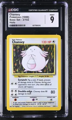 CGC 9 MINT Chansey 1999 Base Set 3/102 Holo Pokemon Card - Image 1