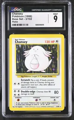 CGC 9 MINT Chansey 1999 Base Set 3/102 Holo Pokemon Card - Image 1