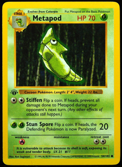 1st Edition Shadowless Metapod 54/102 NM Pokemon Card - Image 1