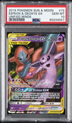 2019 POKEMON SUN & MOON UNIFIED MINDS #72 ESPEON & DEOXYS GX PSA 10 - Image 1