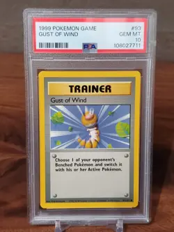 1999 POKEMON GAME 93 GUST OF WIND TRAINER PSA 10 GEM MINT BASE SET UNLIMITED - Image 1