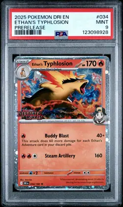 2025 POKEMON DRI EN-DESTINED RIVALS PRERELEASE #034 ETHAN'S TYPHLOSION PSA 9 - Image 1