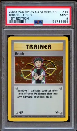 PSA 9 Pokemon Brock Holo 1st Edition Gym Heroes 15/132 *scratched slab* - Image 1