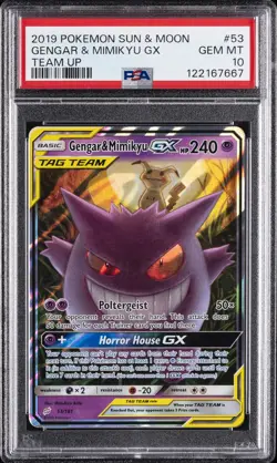 2019 POKEMON SUN & MOON TEAM UP #53 GENGAR & MIMIKYU GX PSA 10 - Image 1