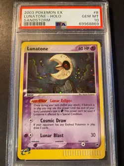 PSA 10 GEM MINT Lunatone Holo #8 2003 Pokemon Card EX Sandstorm Holofoil - Image 3