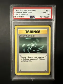 Pokemon PSA 10 GEM MINT Energy Removal Shadowless Base Set Original Card 92/102 - Image 1