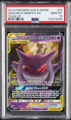 2019 POKEMON SUN & MOON TEAM UP #53 GENGAR & MIMIKYU GX PSA 10 - Image 1