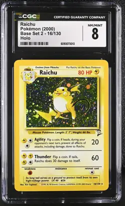 CGC 8 Raichu 16/130 Base Set 2 Holo Rare Pokemon Card SWIRL - Image 1