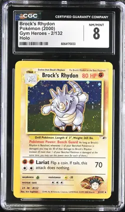 CGC 8 Brock's Rhydon 2/132 Gym Heroes Holo Pokemon Card - Image 1