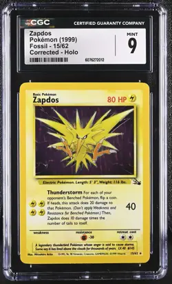 CGC 9 Zapdos 15/62 Fossil Corrected Holo Rare Pokemon Card - Image 1