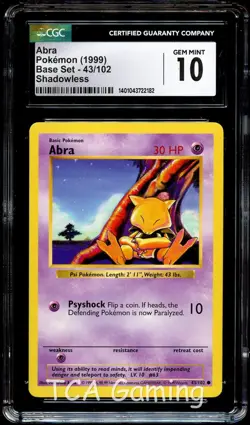 CGC 10 GEM MINT Abra 43/102 SHADOWLESS Base Set Pokemon Card 182 - Image 1