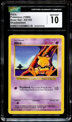 CGC 10 GEM MINT Abra 43/102 SHADOWLESS Base Set Pokemon Card 182 - Image 2
