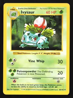 Ivysaur 30/102 Base Set (Shadowless) Uncommon Pokemon Card - Image 1