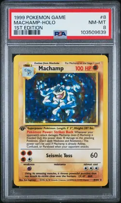 PSA 8 Machamp 8/102 Base Set 1st Edition Holo Rare Pokemon Card - Image 1