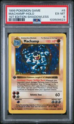 PSA 6 Machamp 8/102 Base Set (Shadowless) 1st Edition Holo Rare Pokemon Card - Image 1