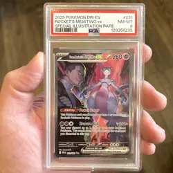 2025 POKEMON DESTINED RIVALS SPECIAL ILLUSTRATION TEAM ROCKET'S MEWTWO EX PSA 8 - Image 1