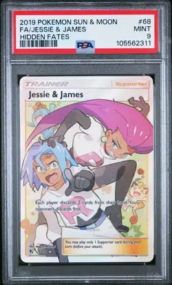 Pokemon TCG Full Art Trainer Holo Card Jessie and James 68/68 Hidden Fates PSA 9 - Image 1