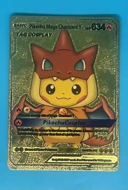 Pokemon Tag Cosplay Fan Art Gold Foil Pikachu Mega Charizard Y - Image 1