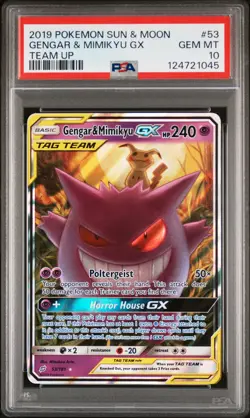 2019 POKEMON SUN & MOON TEAM UP #53 GENGAR & MIMIKYU GX PSA 10 - Image 1