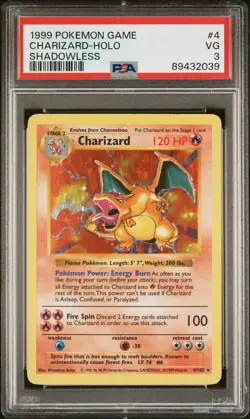 CHARIZARD 1999 POKEMON BASE SET SHADOWLESS HOLO #4 PSA 3 - Image 1