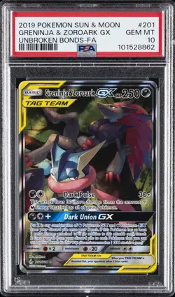 2019 POKEMON SUN & MOON UNBROKEN BONDS FULL ART/GRENINJA & ZOROARK GX PSA 10 - Image 1