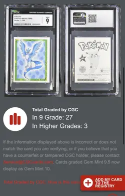Pokemon Articuno #144 Merlin Sticker Series 1 Topps - CGC Mint 9 - Image 3